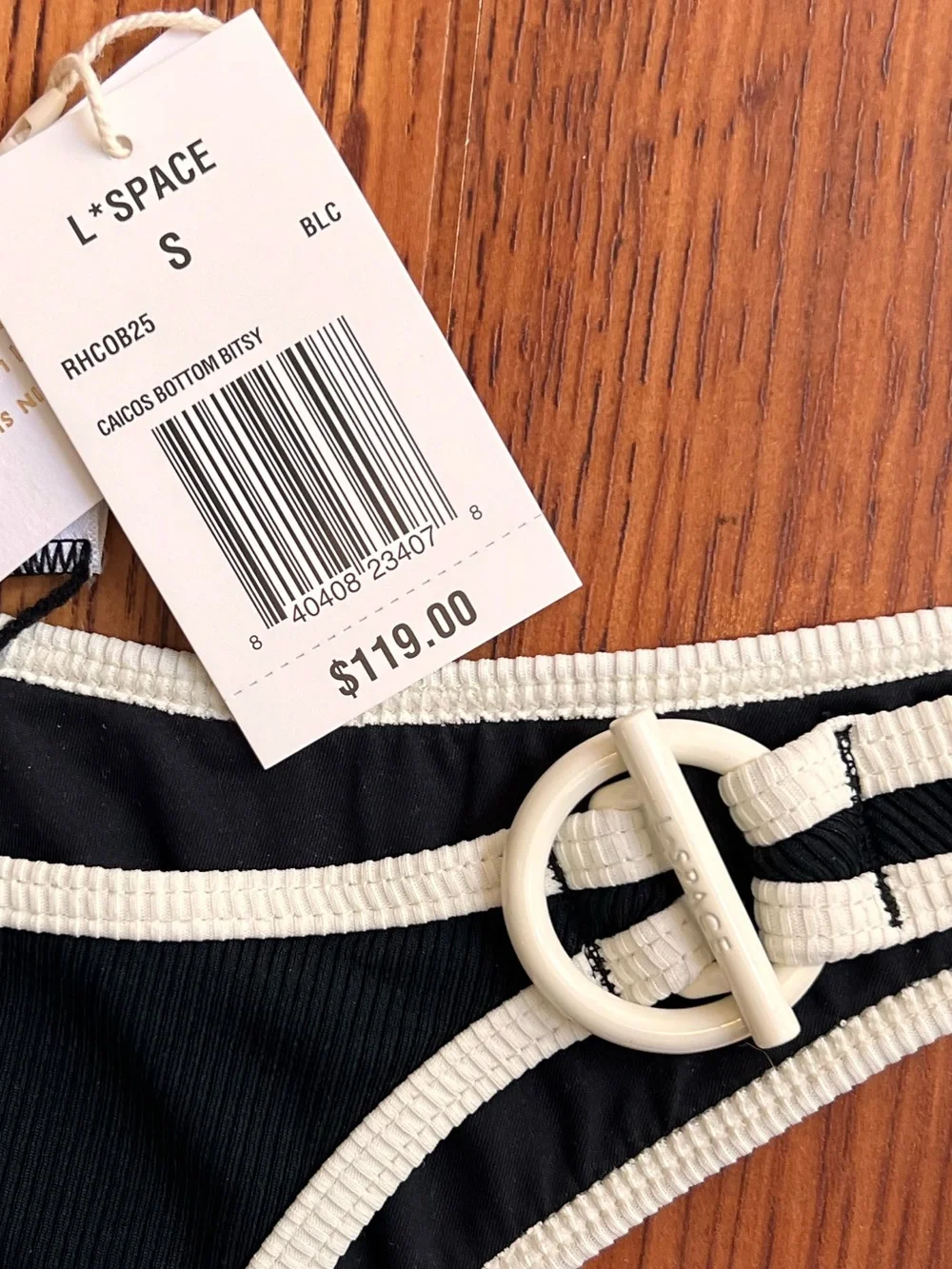 L*SPACE Ribbed Black Cream Bikini Set Ring Detail High Cut Bottom NWT